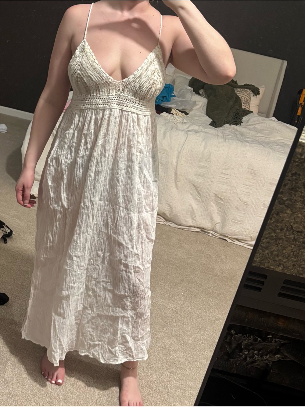 aerie White Crochet-Bust Long Swim Coverup